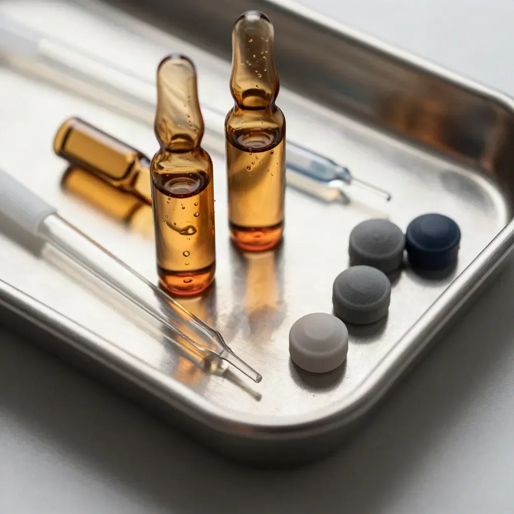 Laboratorieprylar i toppvy med amberflaskor, pipetter och metallbricka på ljus yta.
