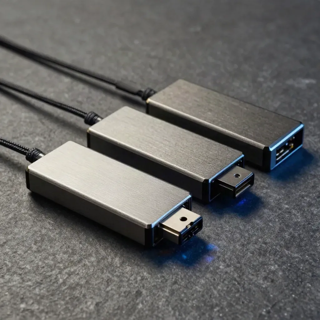 Tre SSD-kassetter, en flätad överföringskabel och ett kopplingsblock i dramatisk studiobelysning.