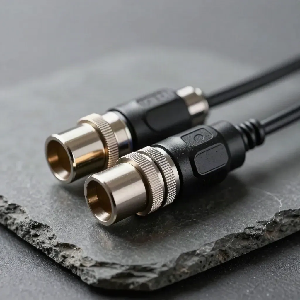 Två cirkulära datakontakter med flätad kabel och kopplingshylsor på mörk sten.