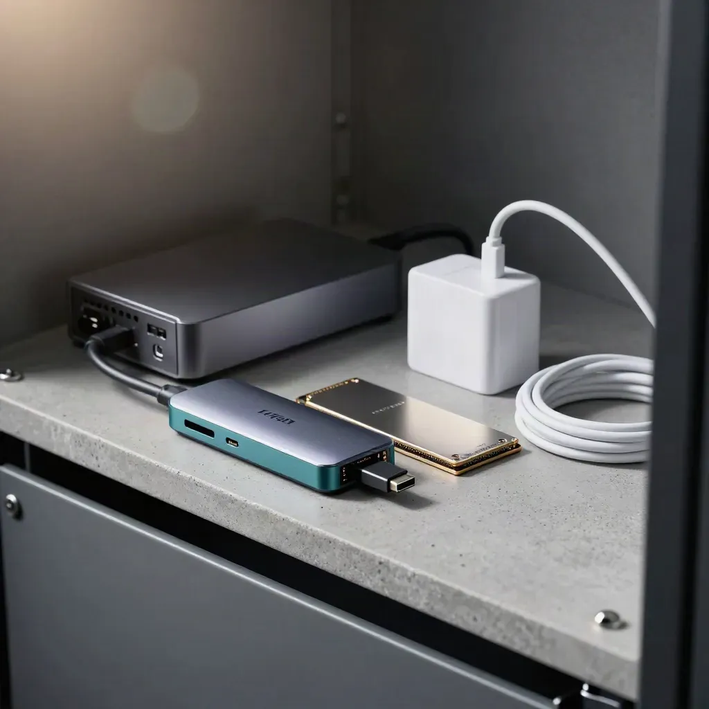 Startkit för data: serverbox, USB-hubb, SSD:er, strömkloss och kabelrulle på betonghylla.