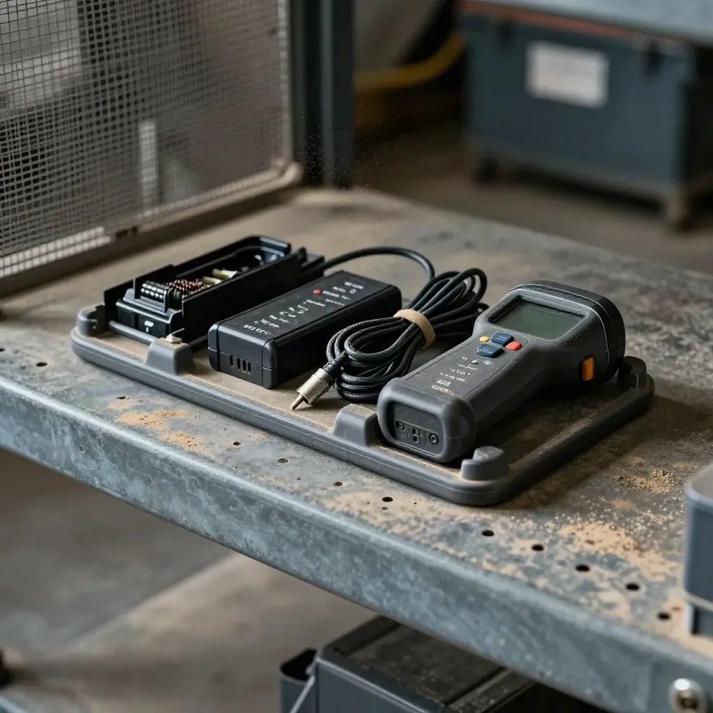 Rugged scanner cradle, batteriblock och kabeltestare bakom suddigt säkerhetsnät.