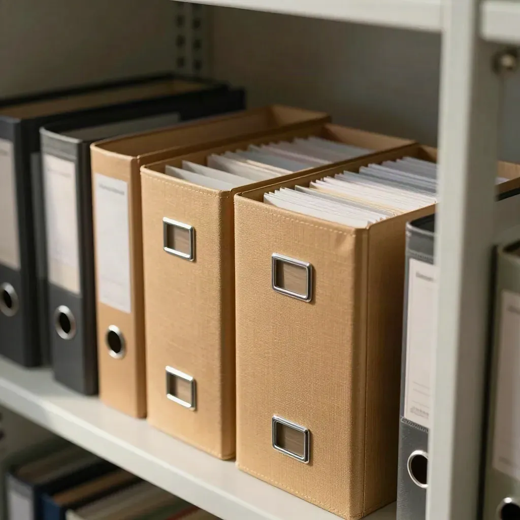 BI-binder, metallådor och separatorblad bakom frostat glas i mjukt dagsljus.